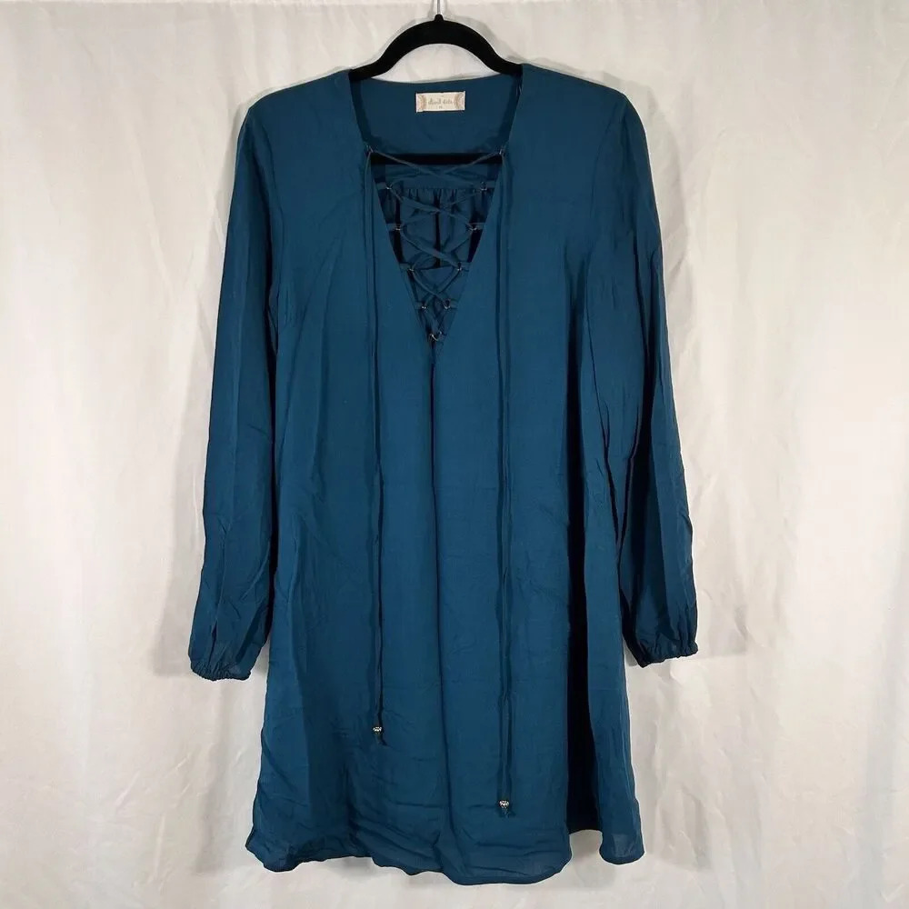 altar'd state Knee Length Dress Women's Medium Blue Vneck Drawstring Long Sleeve